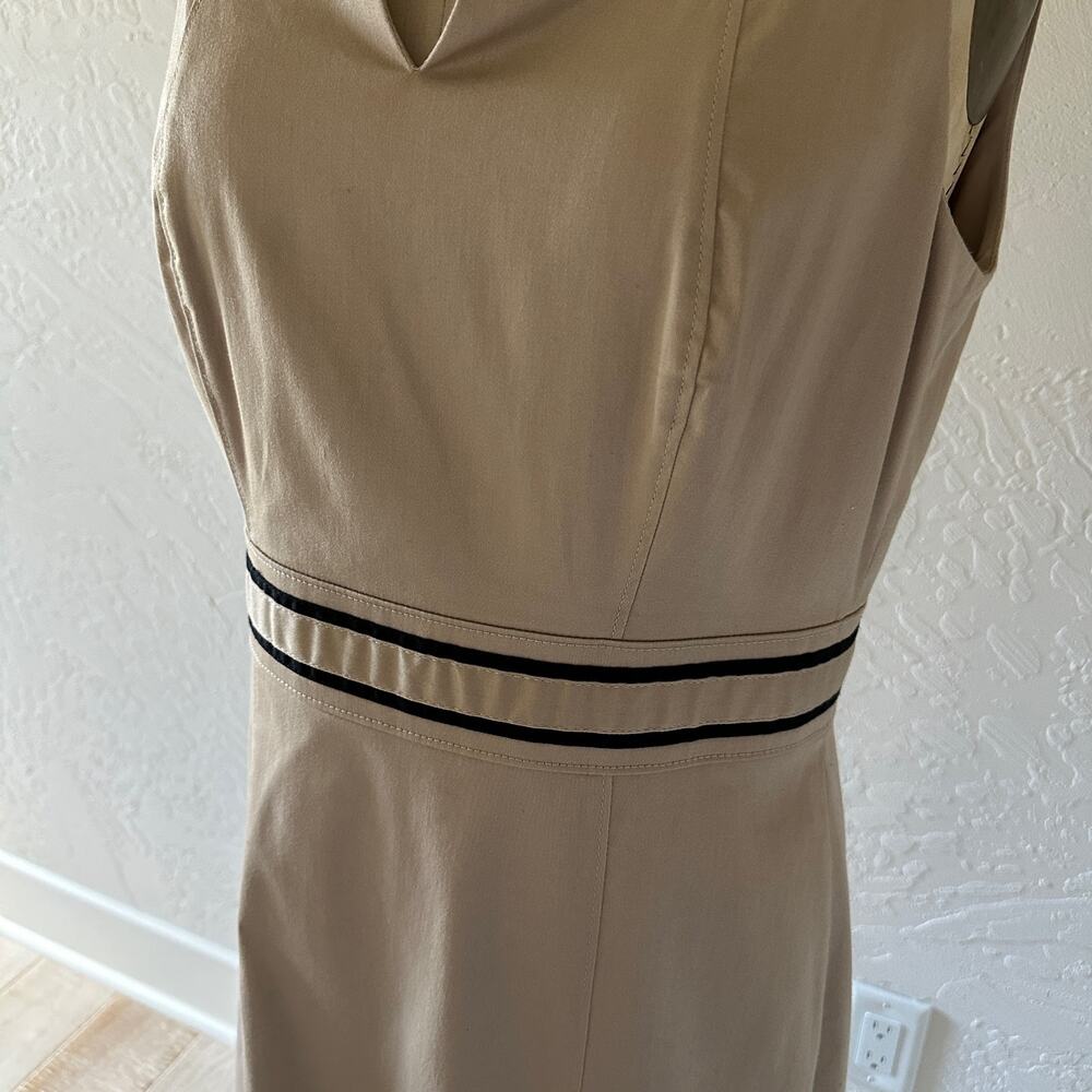 White House Black Market Khaki Split-Neck Sheath Dress with Black Trim - Picture 5 of 13